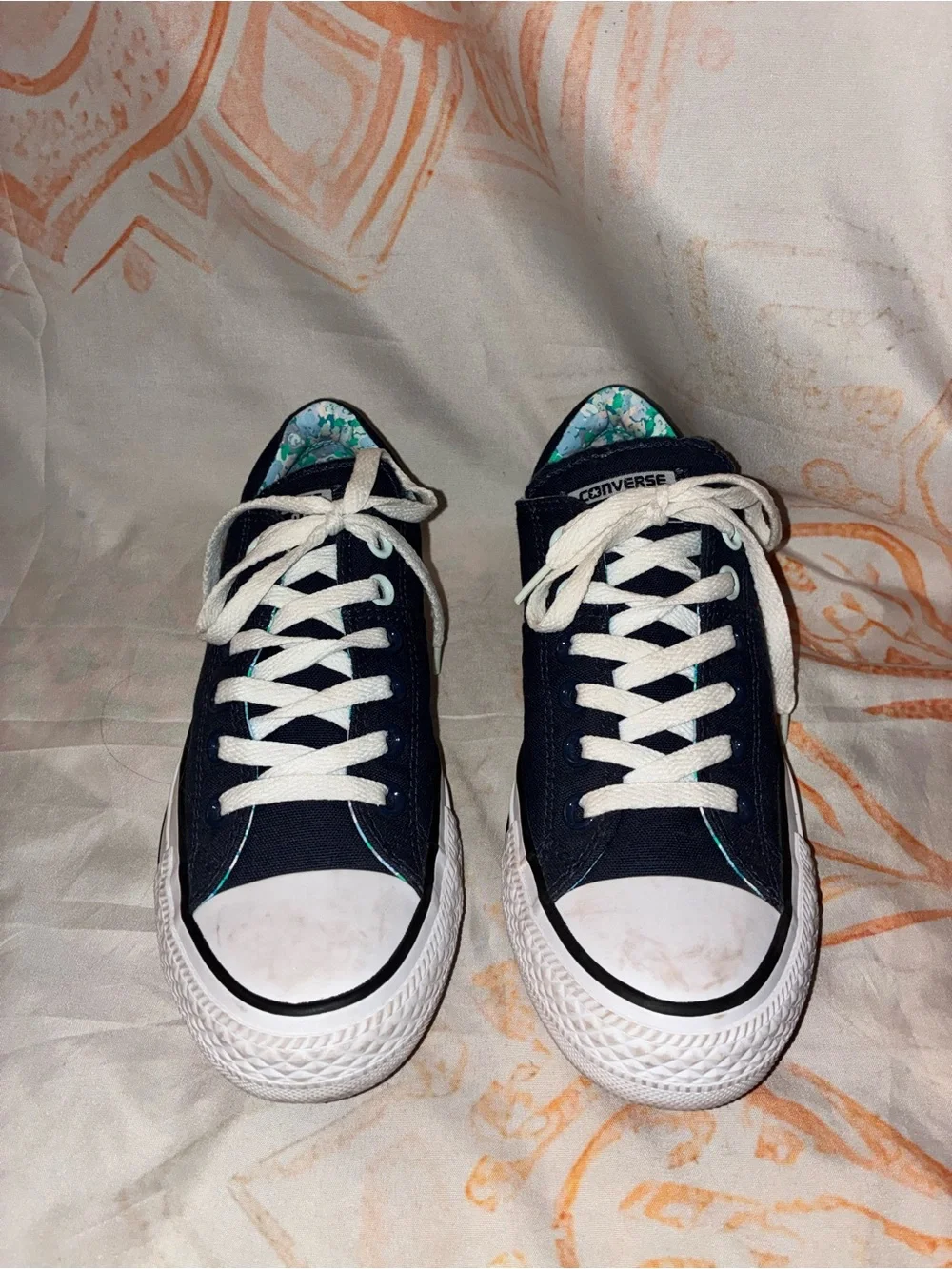 Converse Low-Top Canvas Sneakers in Navy and White with Floral Lining